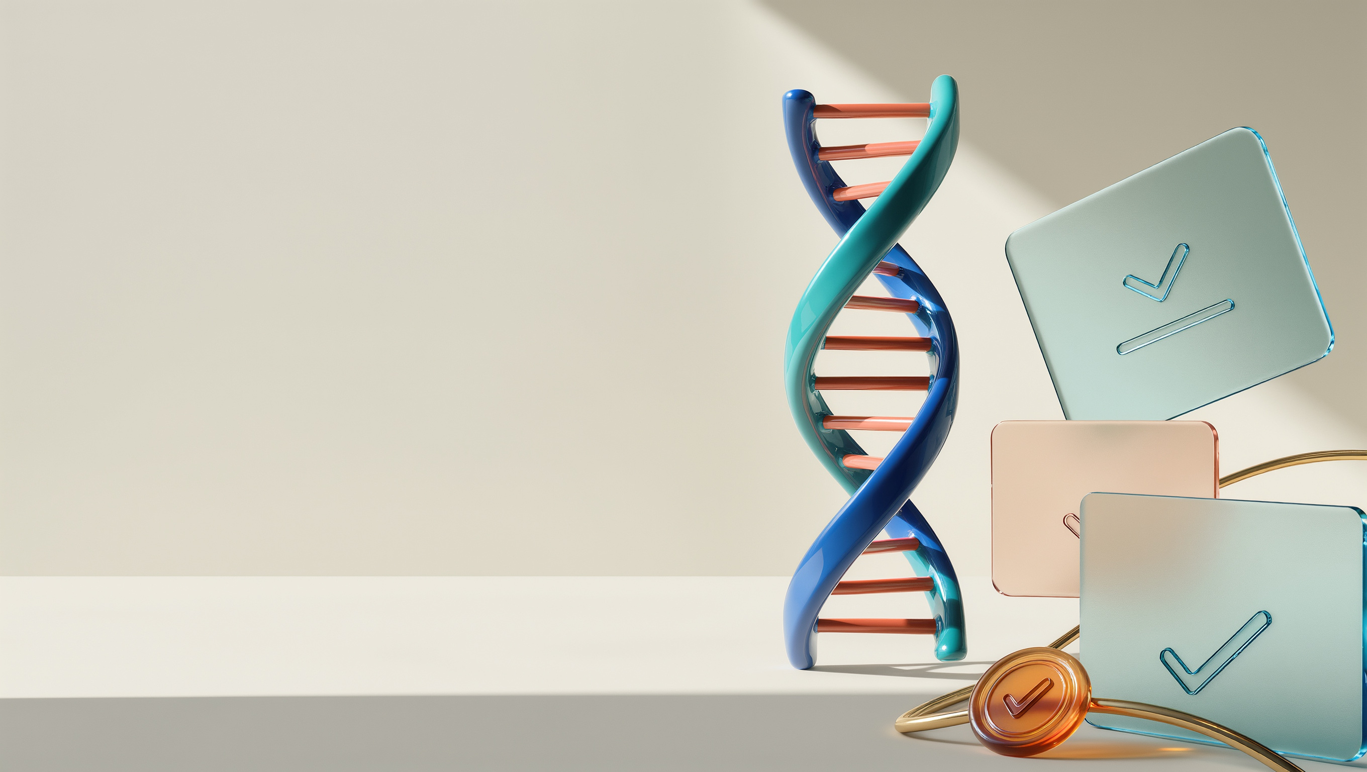 DNA Protocol zkBallot: Decisions That Carry Their Own Evidence. A complete teal and blue DNA helix with coral crossbars stands beside translucent evidence records on a light ivory background.