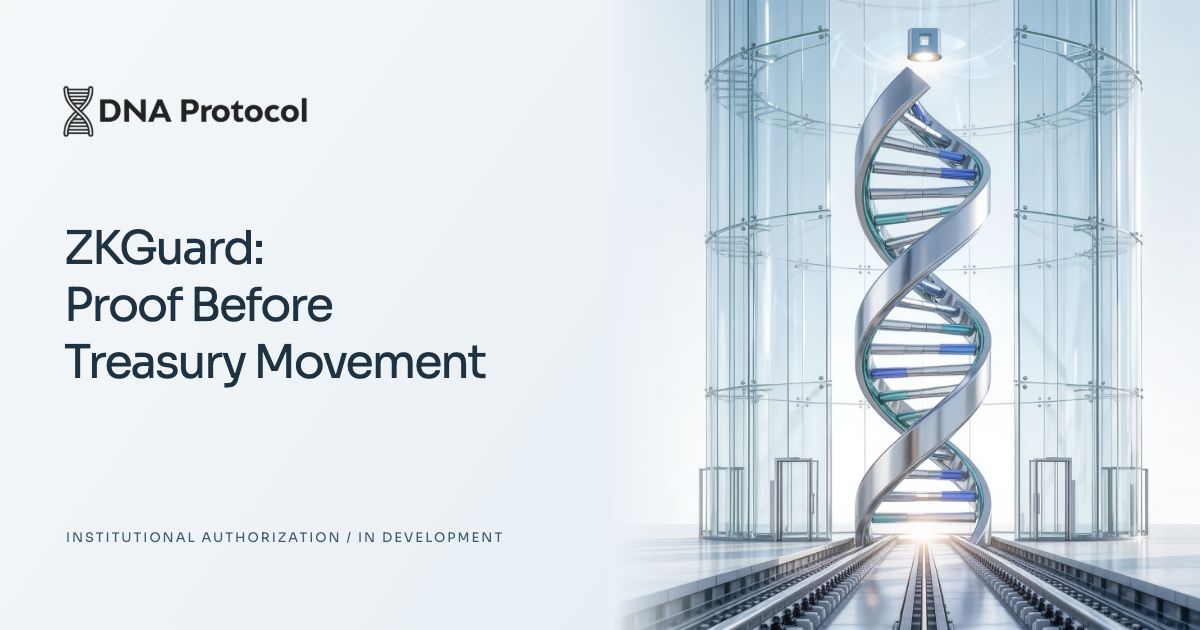 DNA Protocol ZKGuard: Proof Before Treasury Movement. A silver DNA helix inside a glass vault, illustrating the proposed authorization architecture.